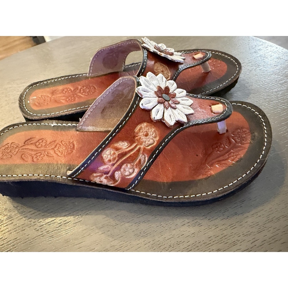 AUTHENTIC Mexican Huarache Sandals Sz 7 Slip On Genuine Tooled Painted Leather